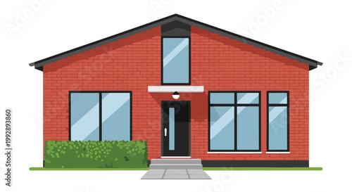 Modern Red Brick Residential House Illustration with Large Windows and Green Hedge