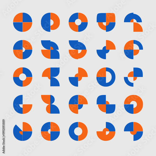 Abstract Geometric Shapes, Blue and Orange Circles, Halves, Quarters, Patterns
