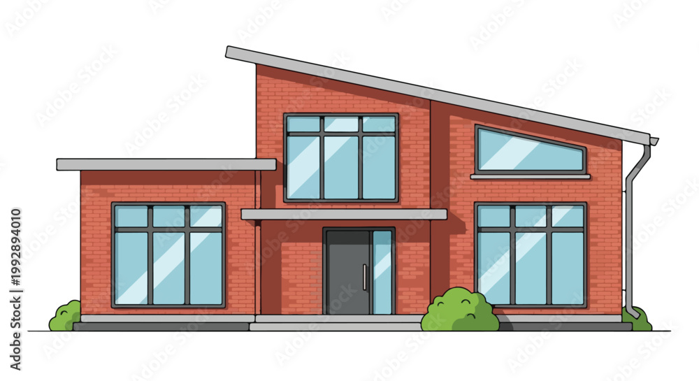 Fototapeta premium Modern Red Brick House Architecture Illustration with Sloped Roof and Large Windows isolated on white background