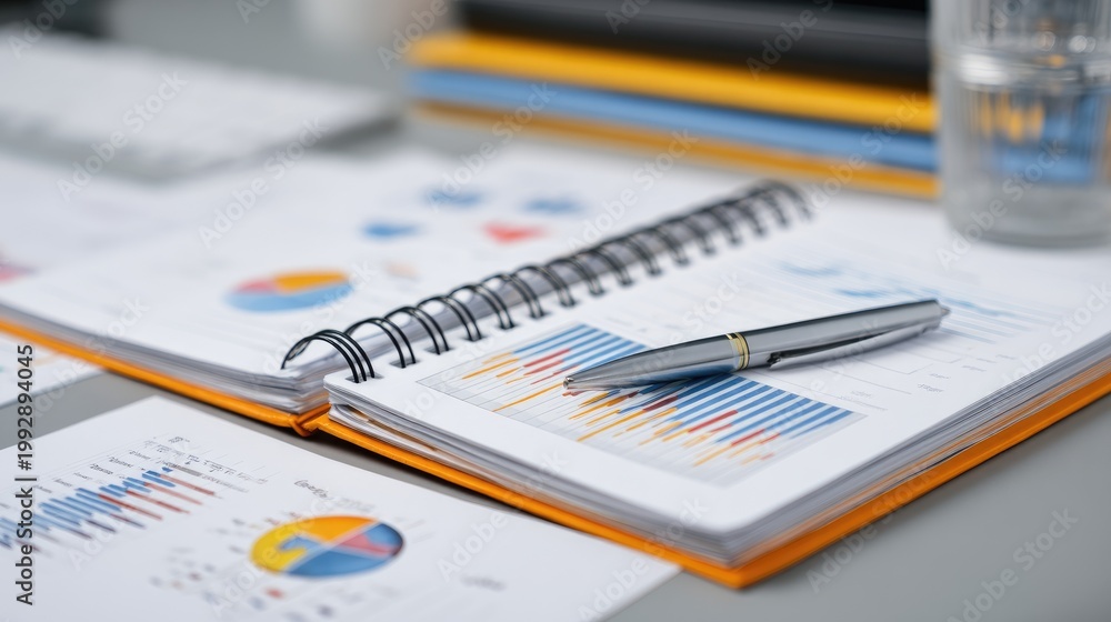 Fototapeta premium Colorful graphs and charts in open notebook with silver pen on modern desk showcasing business analytics, financial data, and professional workspace organization