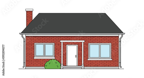 Small Red Brick House Illustration Isolated on White Background - Simple Residential Home Exterior Design with Chimney and Windows