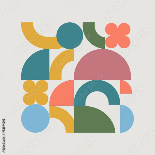 Abstract geometric shapes composition, mid-century modern style, pastel colors, minimalist design