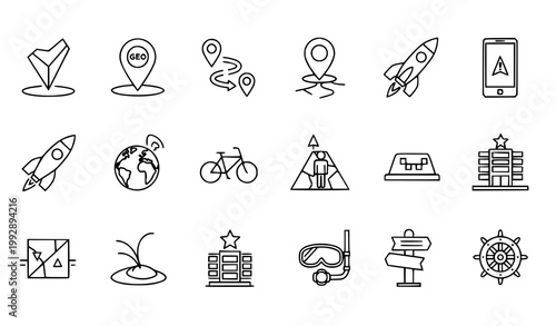 Tourism and transport icon vector set with location route hotel taxi bike and travel symbols in line style