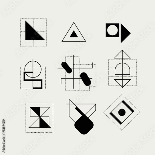 Abstract Geometric Shapes Composition, Minimalist Design, Black and White Icons