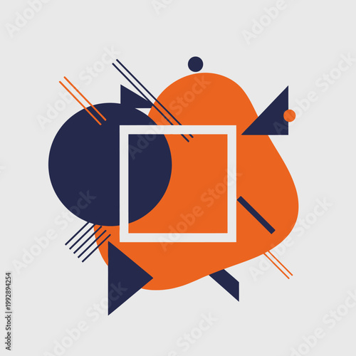 Abstract geometric shapes composition, modern design elements, blue, orange, white