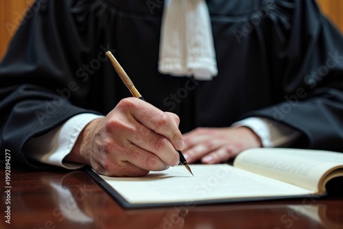 Intense and Authoritative: Male Judge Using Vintage Quill Pen in Dimly Lit Courtroom