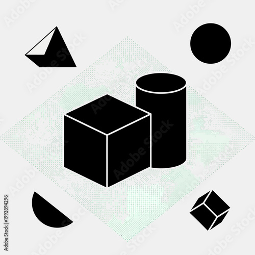 Abstract Geometric Shapes: Cube, Cylinder, Pyramid, Sphere, Cube Corner