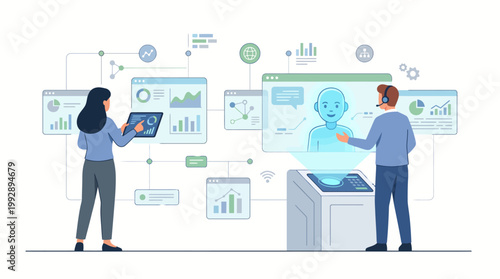 Flat vector illustration of collaboration between human and artificial intelligence
