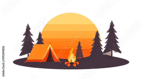 People enjoy a campfire at a forest campsite during sunset with tents and trees