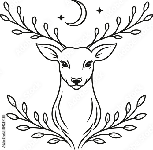 Proud Deer Line Art Illustration with Antlers and Crescent Moon, Minimal Black and White Vector