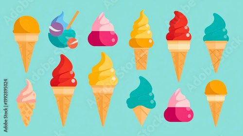 Colorful ice cream cones with various flavors are arranged neatly on a table