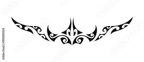 Horizontal polynesian maori tribal ornament in traditional tattoo style. Elongated decorative band with ethnic geometric patterns and flowing shapes. Ideal for waist tattoo lower back tattoo belly des