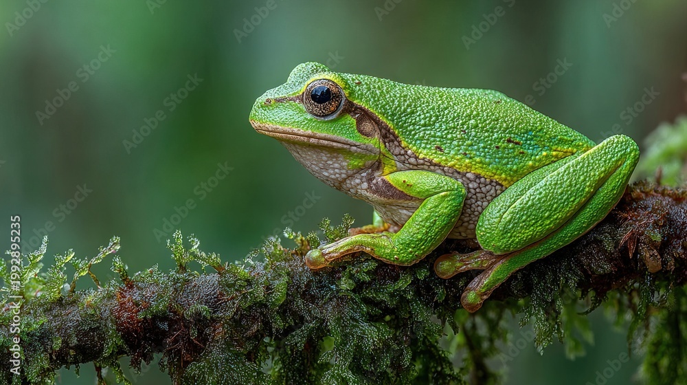 Fototapeta premium Stunning Close-up of a Vibrant Green Frog Perched on Mossy Branch