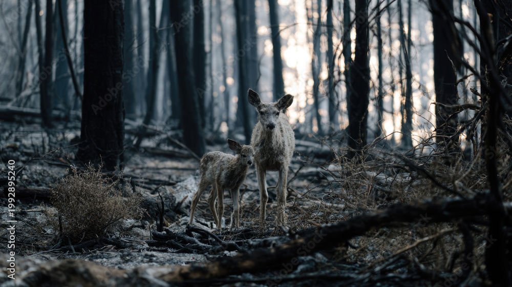 Fototapeta premium Wild animal surviving in burned forest after wildfire, environmental disaster concept.