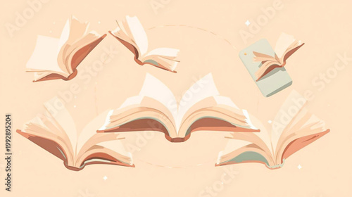 Several open books are scattered across a surface in disarray