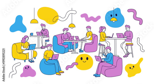 People sitting in colorful office chairs.