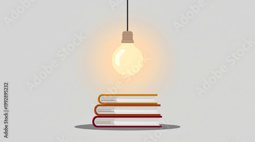 A glowing lightbulb hovers above an educational stack of books indoors.