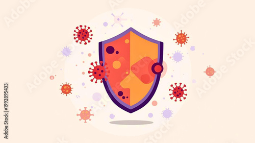 Virus particles surround shield icon with protective graphic elements effectively