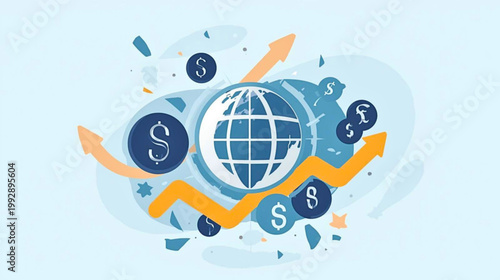 A growing economy represented by a globe surrounded by financial symbols and arrows in a dynamic illustration.