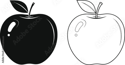 Black and White Apple Icons with Green Leaf Vector Illustration for Healthy Food, Organic Fruit, and Nutrition Designs