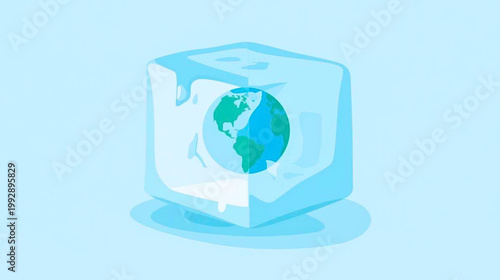 Melting ice cube encases a globe in a cold, frozen environment outdoors.
