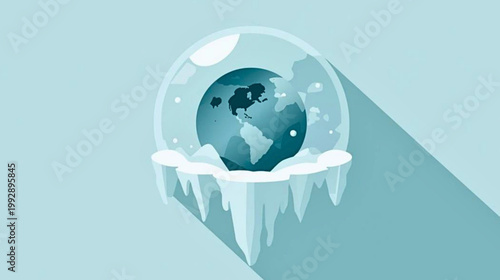 Frozen Earth Inside Snow Globe with Icy Landscape and Shadow