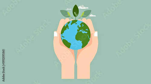 Hands hold a green globe with leaves and clouds on top symbolizing nature