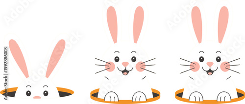 Cute White Baby Bunny Peeking Out of Hole Set with Three Stages Showing Ears, Face, and Paws on White Background Flat Cartoon Style Vector Illustration
