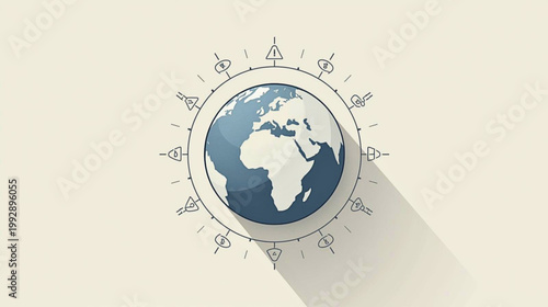 The globe is surrounded by various symbols on a beige background with a shadow.