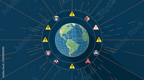 The earth surrounded by warning symbols and icons on a dark blue background with lines radiating outward globally