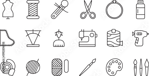 Creative craft icons featuring sewing machines, mannequins, and painting supplies are presented in a clean linear style to provide a versatile set of graphics for hobby and design websites.