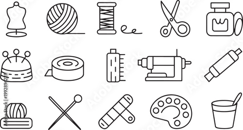 Crafting tools including a mannequin, yarn, spools, and scissors are displayed as a collection of fifteen minimalist outline icons for digital design projects and creative arts documentation.