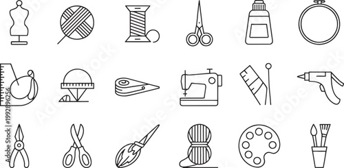 A variety of crafting and sewing tools, including a mannequin, yarn, thread, scissors, glue, embroidery hoop, ruler, sewing machine, and paint palette, for hobby and creative projects.