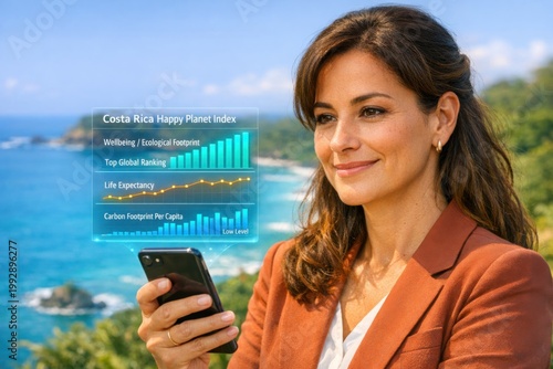 Woman Views Costa Rica Happy Planet Index Data on Smartphone with Coastal Background