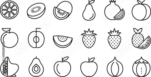 A diverse collection of line art icons representing various fresh fruits, including oranges, kiwis, pears, pomegranates, and apples, for healthy eating and culinary themes.