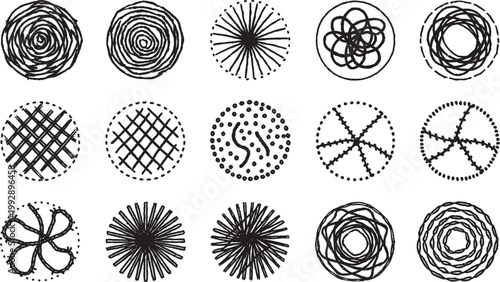Circular patterns consisting of hand-drawn scribbles and geometric shapes provide a diverse set of artistic textures for graphic design and digital projects.