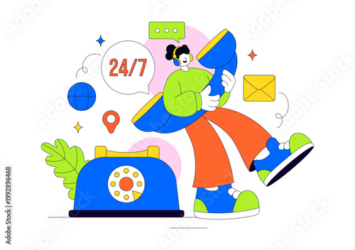 Contact Us Illustration Customer Support Featuring Twenty Four Seven Hours Service Hotline Email Communication And Online Help Desk Assistance Design