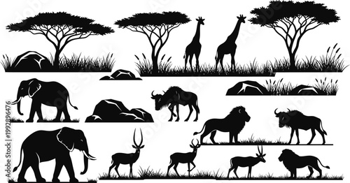African safari wildlife silhouette collection featuring elephants lions giraffes antelopes wildebeests acacia trees and landscape elements