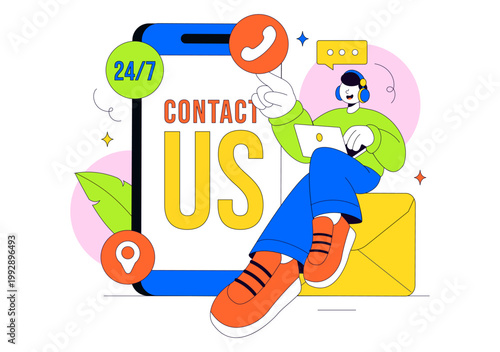 Contact Us Illustration Customer Support Featuring Twenty Four Seven Hours Service Hotline Email Communication And Online Help Desk Assistance Design