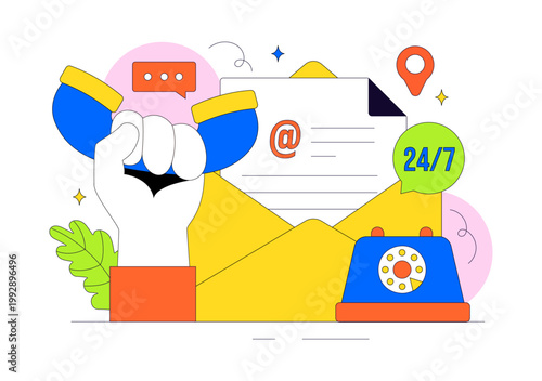 Contact Us Illustration Customer Support Featuring Twenty Four Seven Hours Service Hotline Email Communication And Online Help Desk Assistance Design