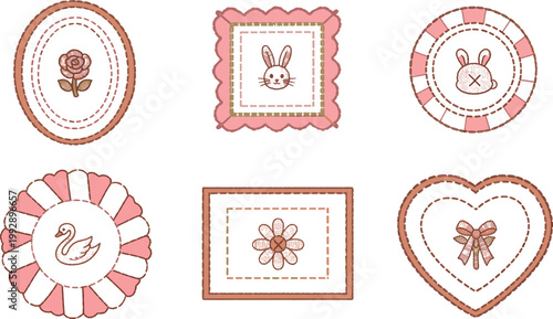 Embroidered patches featuring cute animal icons and floral motifs are arranged in a collection to provide charming decorative elements for textile design, stationery, or digital crafting projects.