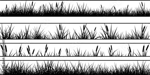 Set of black grass and reed silhouettes horizontal borders for nature landscape design vector illustration elements