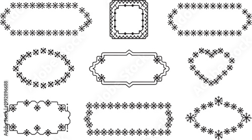 Borders designed with repetitive geometric symbols and decorative motifs are showcased in a grid to offer diverse framing solutions for digital layouts, invitations, and creative design work.