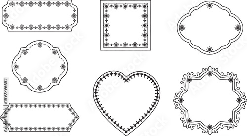 Frames featuring intricate borders and decorative flourishes are organized in a set to provide versatile options for framing text, images, or artistic content in professional design projects.