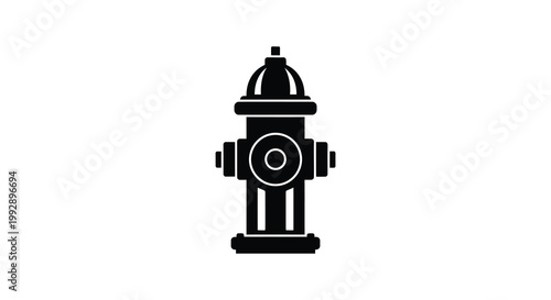 A stark black fire hydrant stands prominently against a white background silhouette