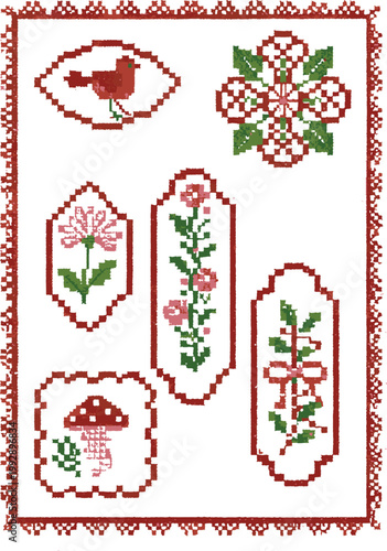 Sampler design showcases a variety of cross stitch elements including a bird, a mushroom, roses, and festive greenery framed within decorative borders on a white backdrop.