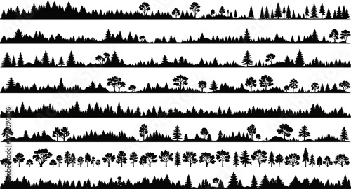 Comprehensive collection of horizontal forest tree silhouettes featuring pine spruce and deciduous wood landscape borders for vector