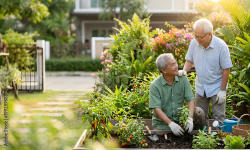 elderly LGBTQ couple gardening together