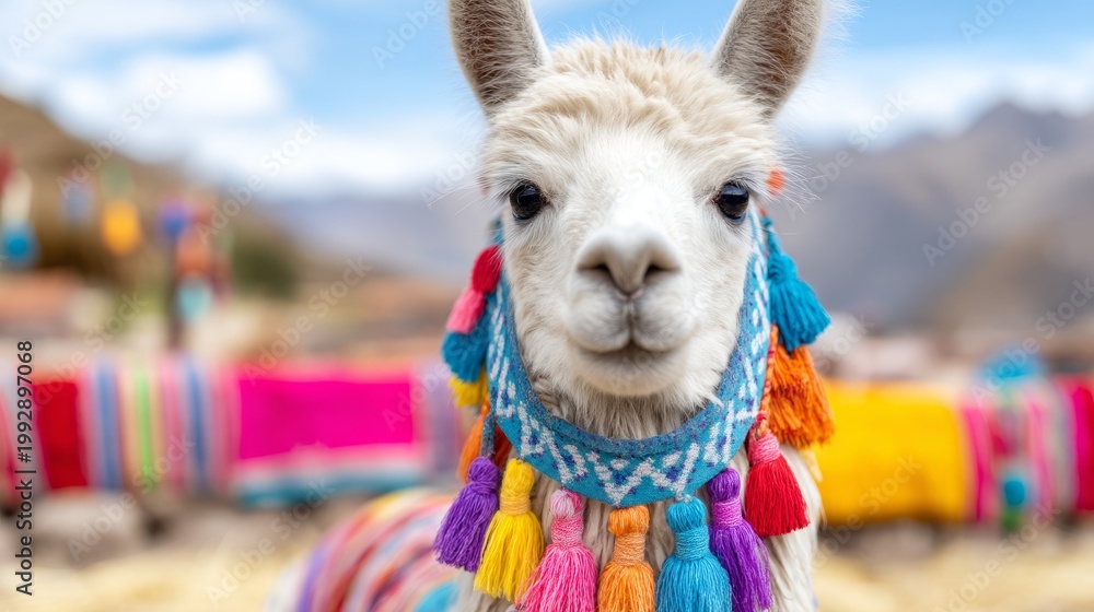 Fototapeta premium Colorful Andean Festival Outfit with Woven Textiles and Festive Decorations