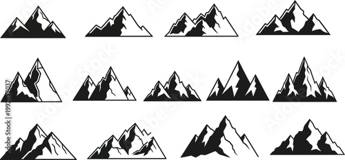 Collection of thirteen minimalist black and white mountain peak vector icons for outdoor adventure and nature branding